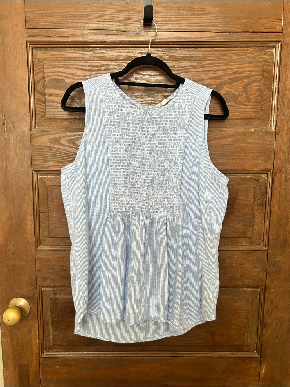 beachlunchlounge Light Blue & White Striped Smocked cotton & linen tank